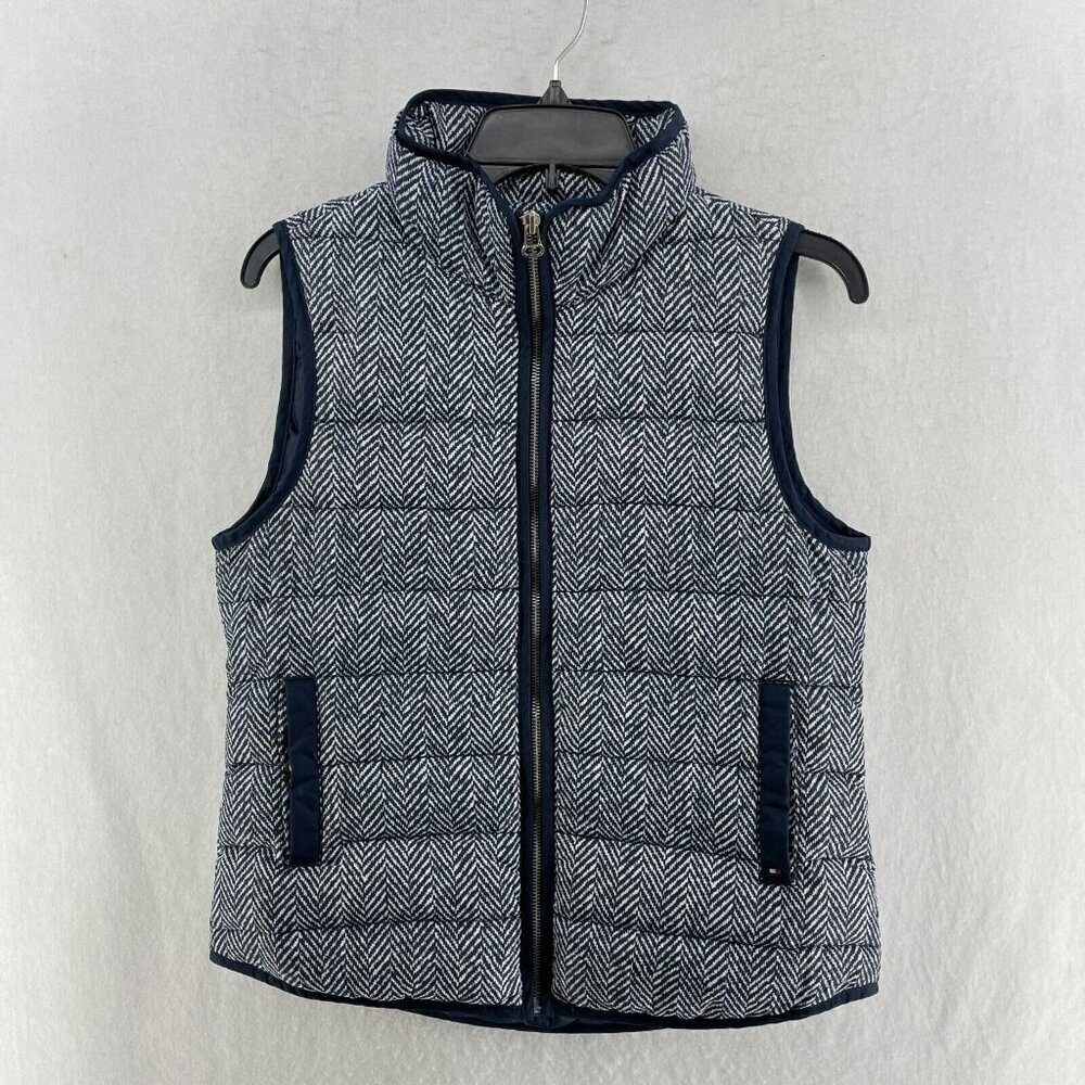 Tommy Hilfiger Vest Womens S Blue Herringbone Full Zip Quilted Down Puffer Coat